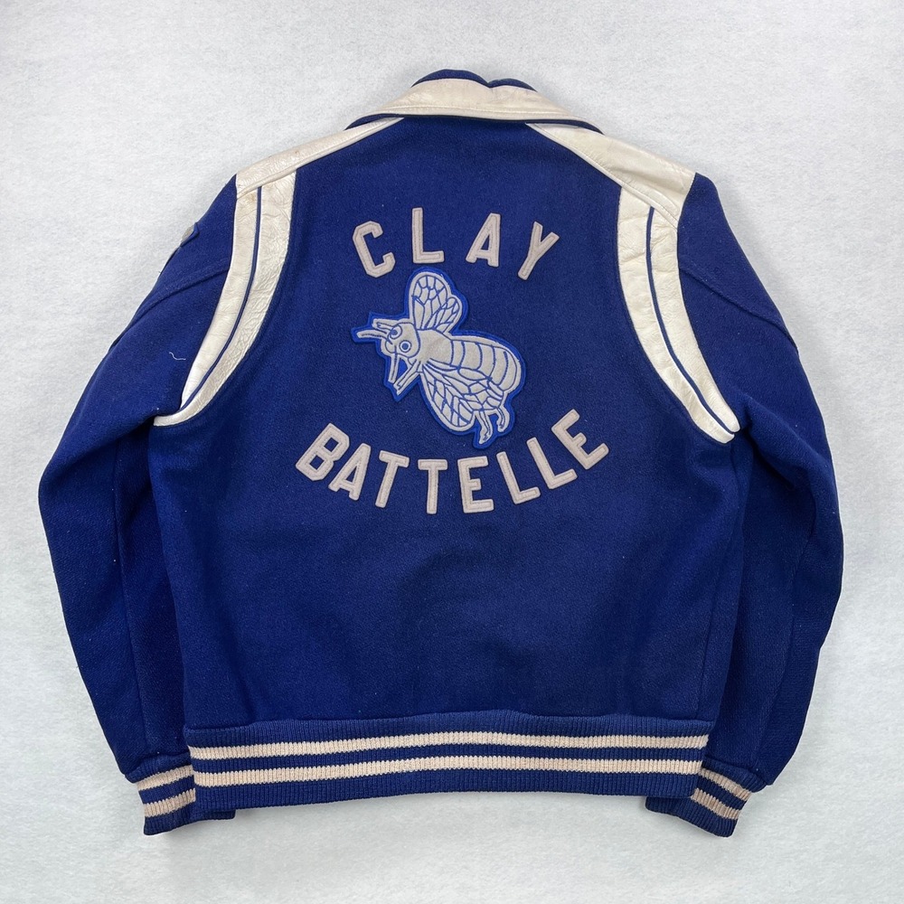 Vintage 70s Clay Battelle Varsity Jacket Blue Wool Leather Letterman 36